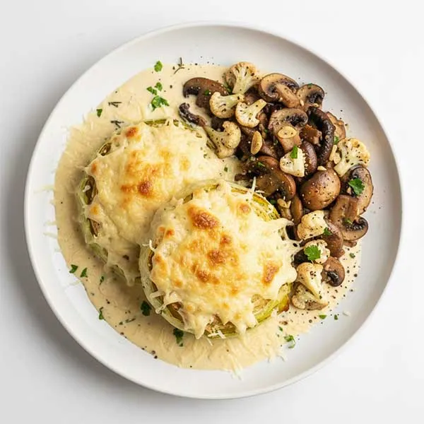 Herb Roasted Cabbage Steaks With Sauteed Mushrooms And Garlic Parmesan Alfredo Sauce